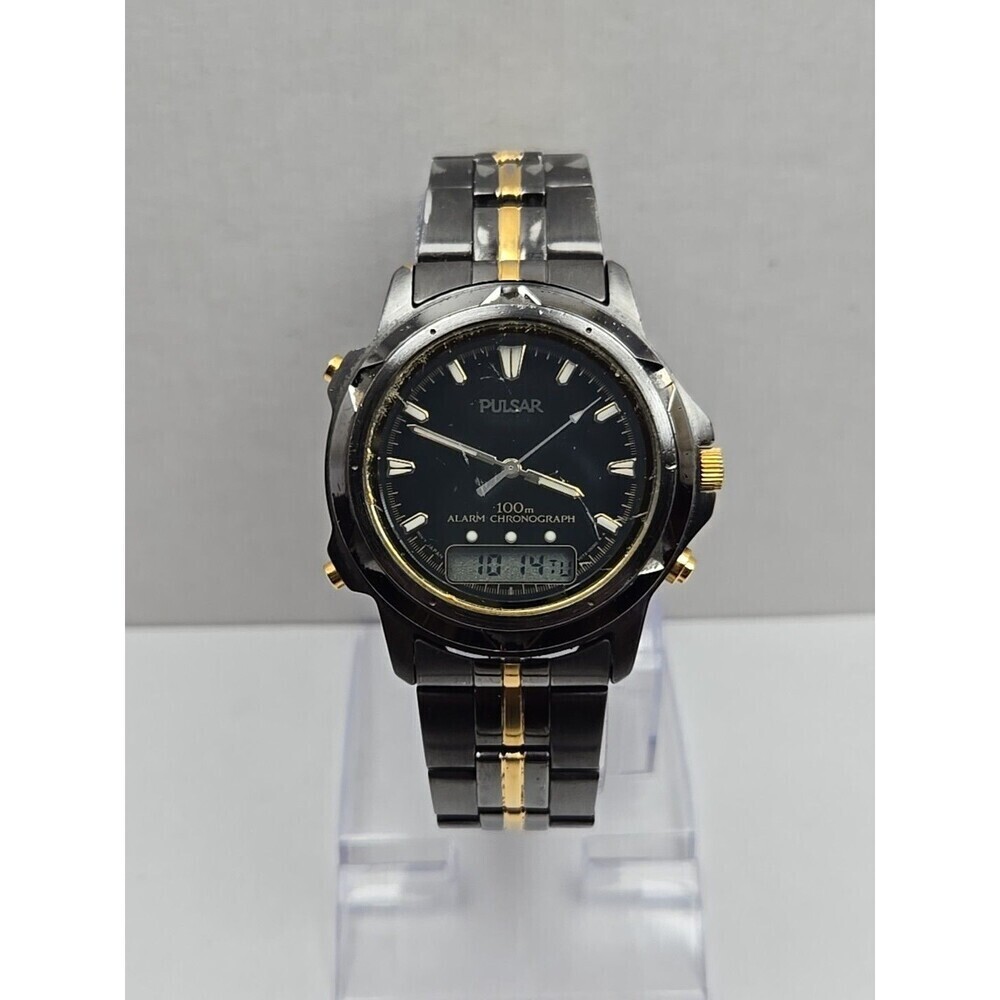 Pulsar by Seiko V0720050 Alarm Chrono Ana Digi Watch Black Gold Mens New Battery